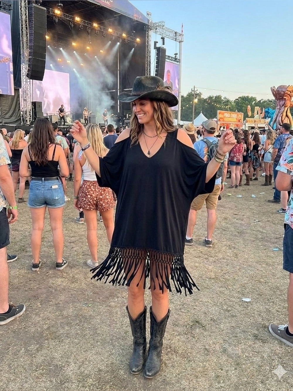 Soma Black Fringe Open Shoulder T Shirt Dress Cover-Up Concert Biker Festival